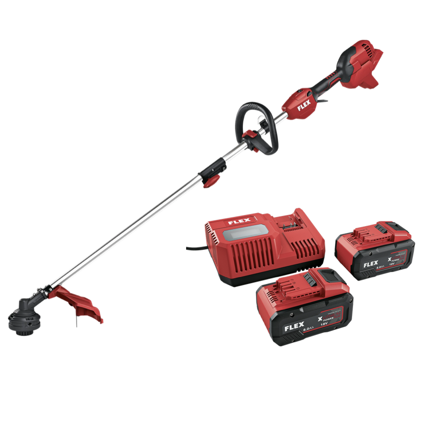 FLEX GLT 35 18-EC, Akumulátorová strunová sekačka 18 V + FLEX P-Set 18-88 R sada dvou akumulátorů 8,0 Ah a rychlonabíječky