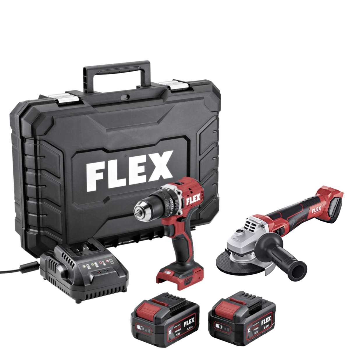 FLEX ASN2, Sada FLEX PD 2G 18-EC LD 55 TC, 2 rychlostní aku vrtací šroubovák 18 V + FLEX LB 125 18.0-EC C Aku úhlová bruska s brzdou 18,0 V, 125 mm