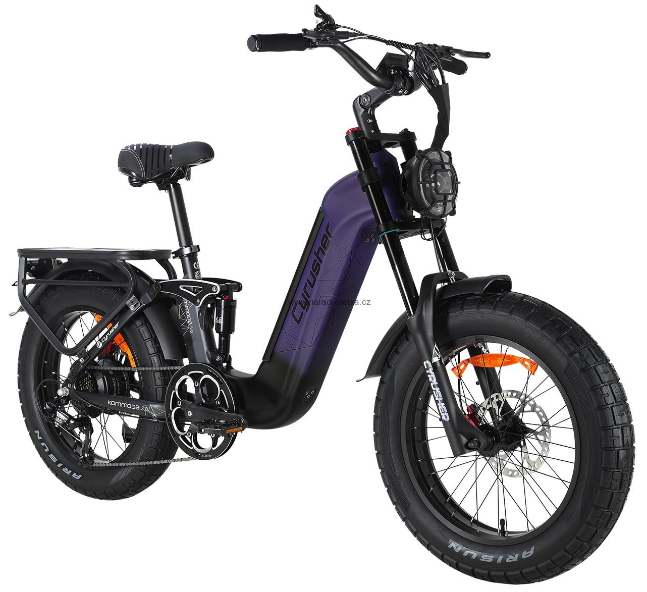 Cyrusher Kommoda 3.0 celoodpružené elektrokolo Fatbike s nízkým rámem do města i do terénu Fialové