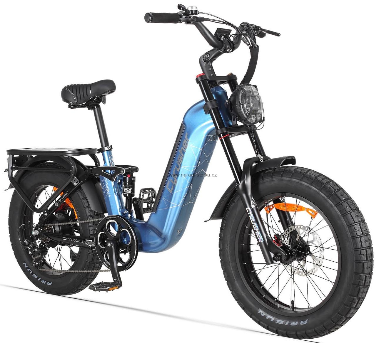 Cyrusher Kommoda 3.0 celoodpružené elektrokolo Fatbike s nízkým rámem do města i do terénu modrá