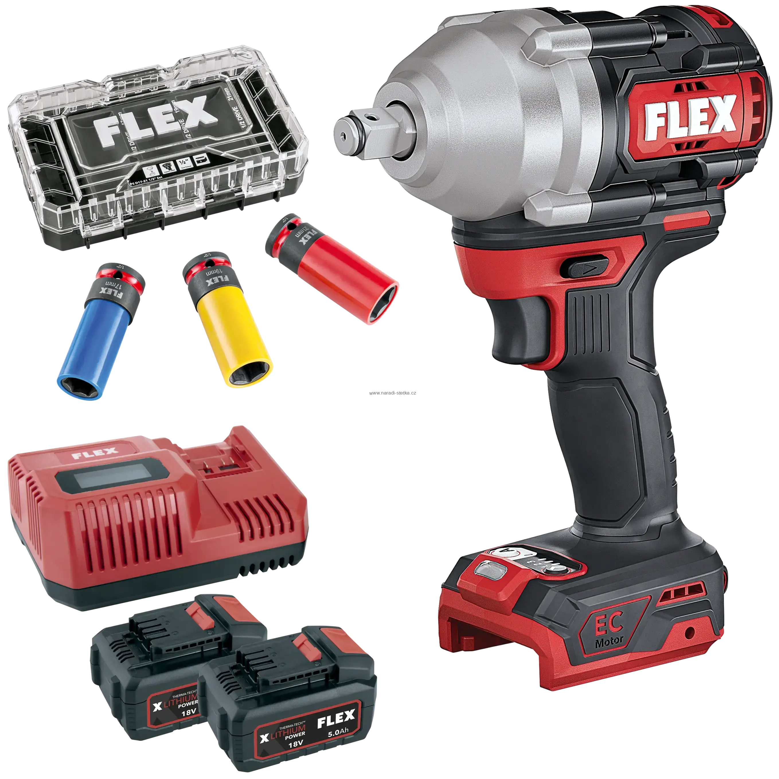 FLEX IW 1/2" 750 18.0-EC/5.0 Set Aku rázový utahovák 18,0 V + Sada FLEX rázových hlavic pro automobily 17, 19, 21 mm